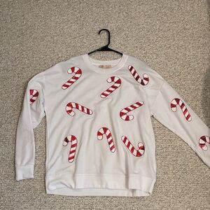 Philosophy White Sweater with Red Candy Cane Design